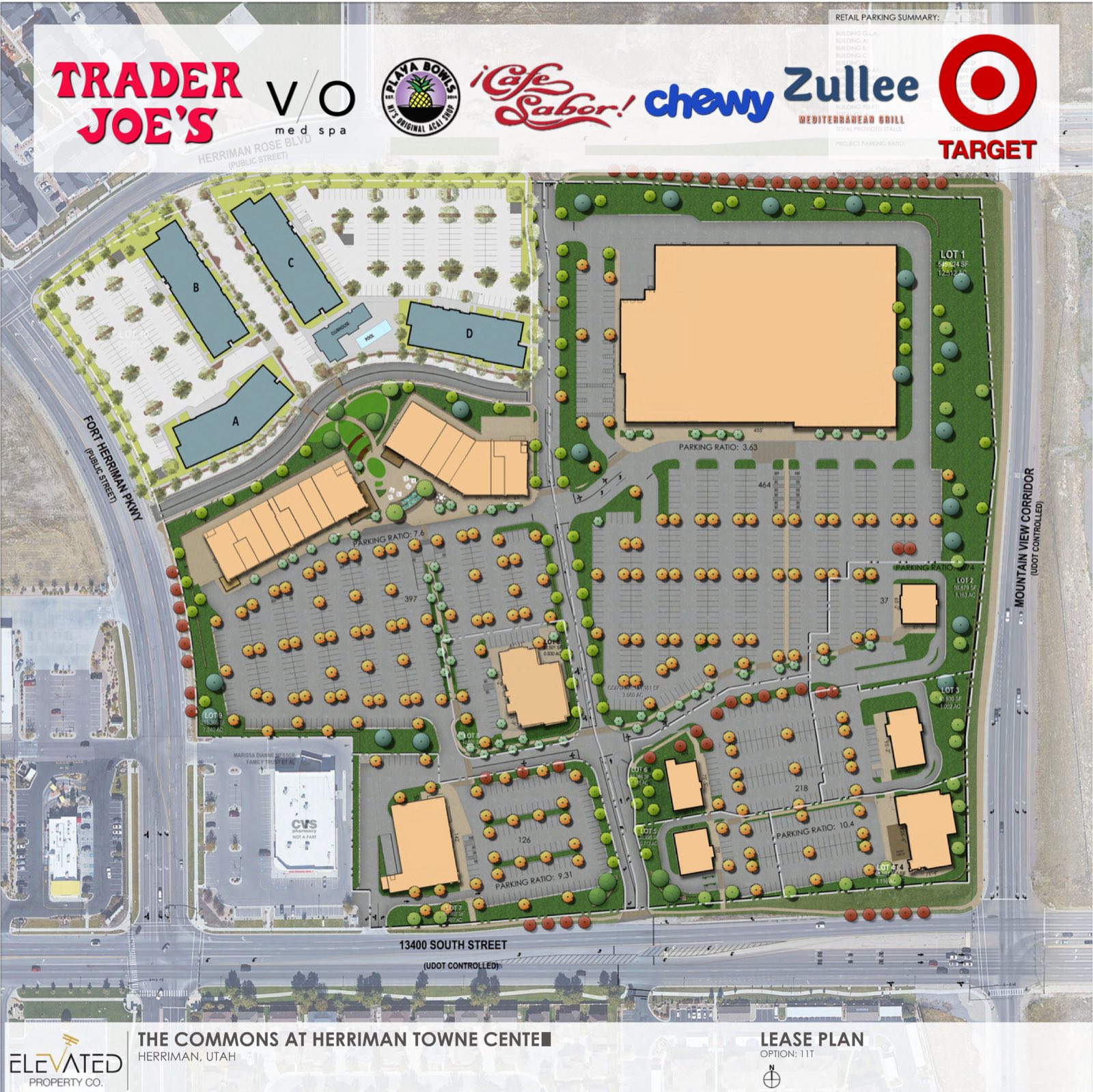 Lease plan for The Commons at Herriman Towne Center showing buildings, pad sites, lots, parking, and current tenants including Target, Trader Joe&rsquo;s, Chewy, Playa Bowls, Caf&eacute; Sabor, Zullee, and V/O Med Spa